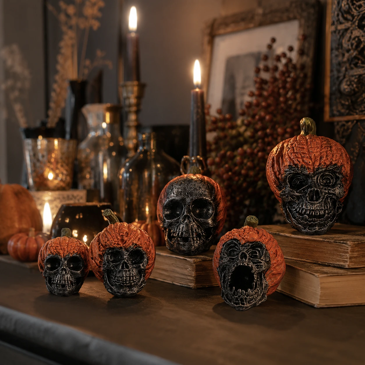 Halloweenfigur pumpaskalle för bord och hylla