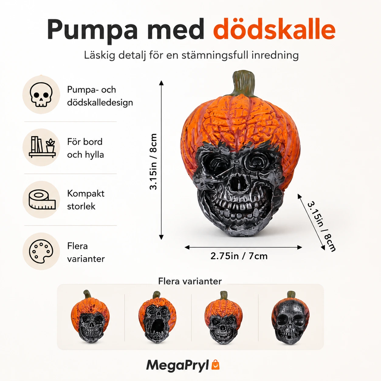 Halloweenfigur pumpaskalle för bord och hylla