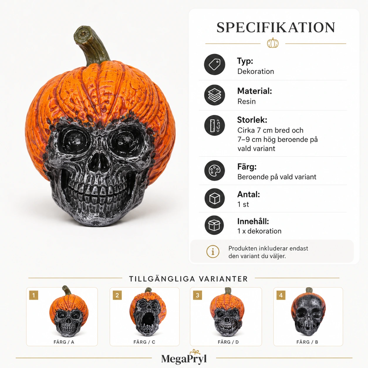 Halloweenfigur pumpaskalle för bord och hylla