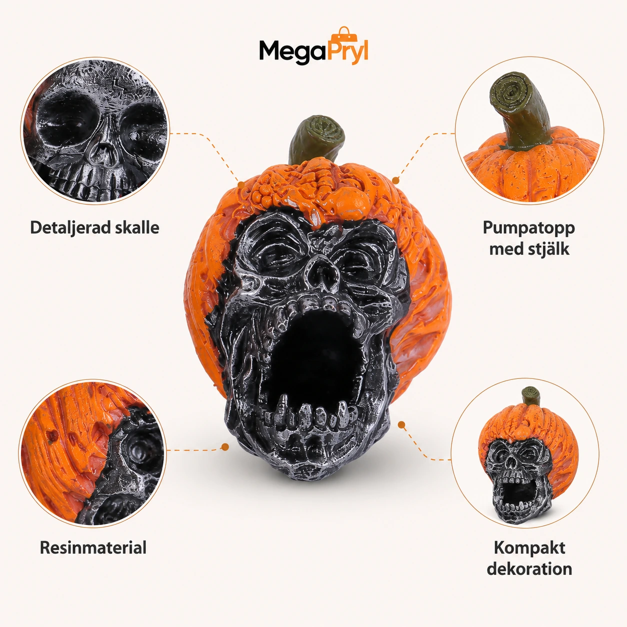 Halloweenfigur pumpaskalle för bord och hylla