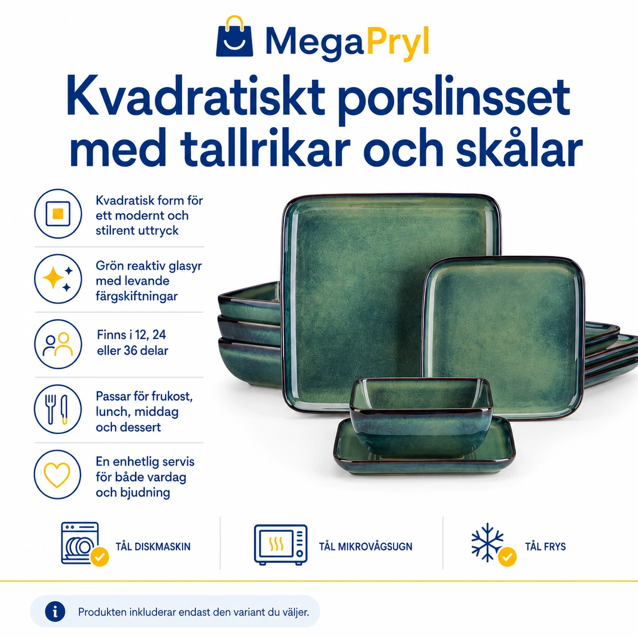 Kvadratiskt porslinsset med tallrikar och skålar