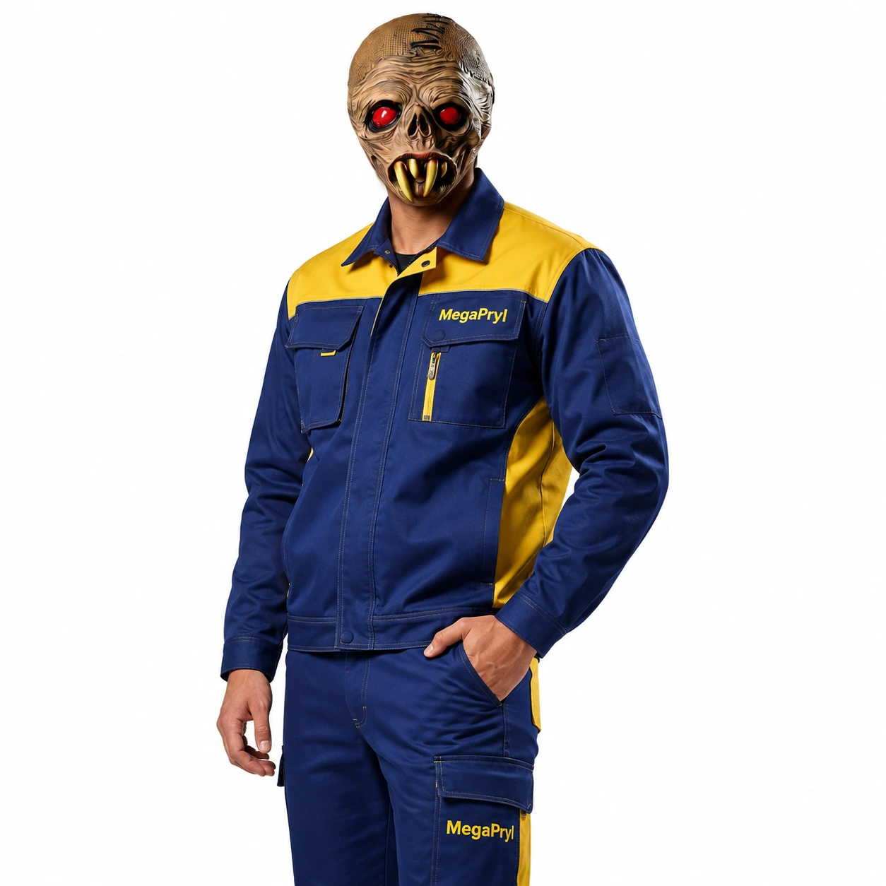 Zombiemask för halloween med röda ögon och huggtänder