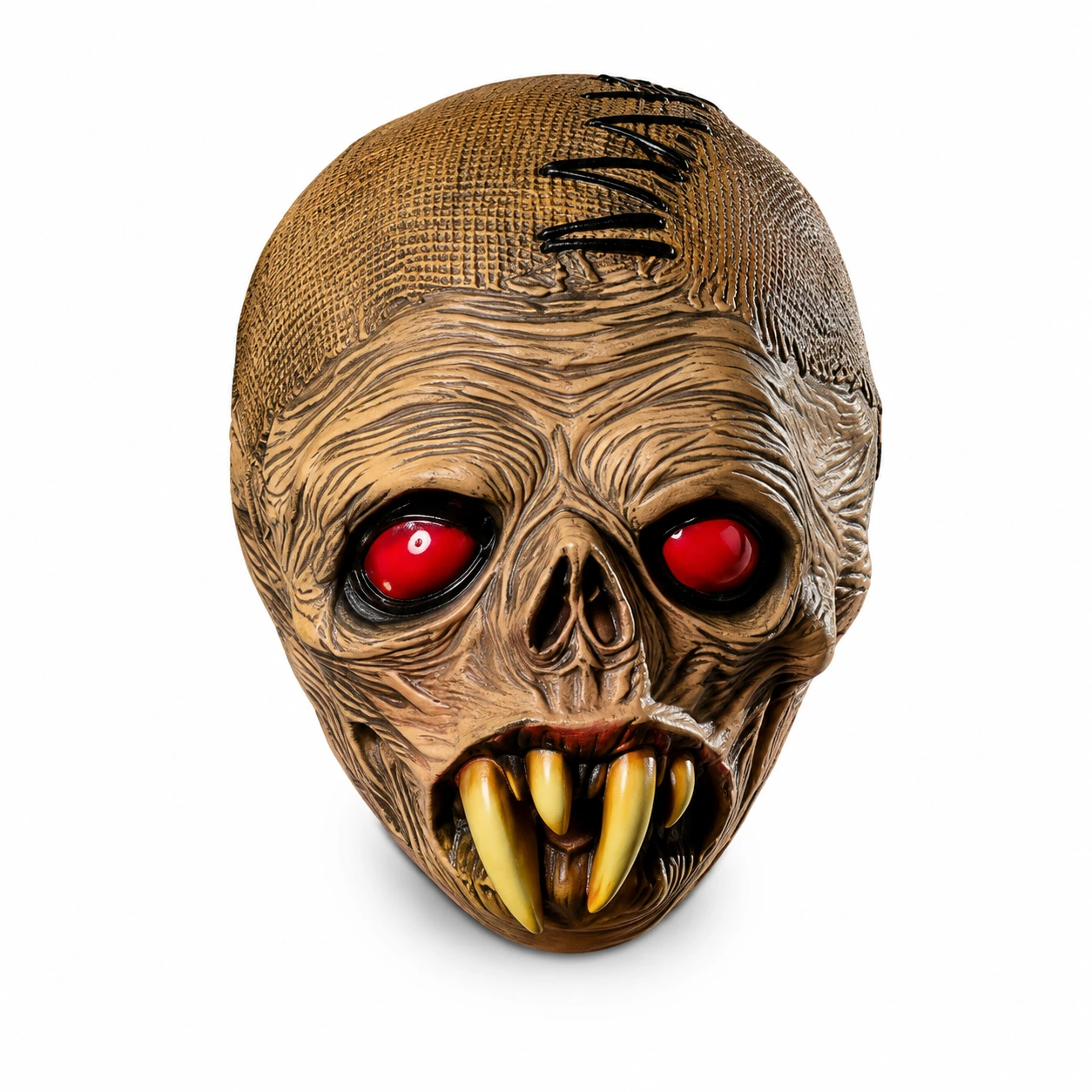 Zombiemask för halloween med röda ögon och huggtänder