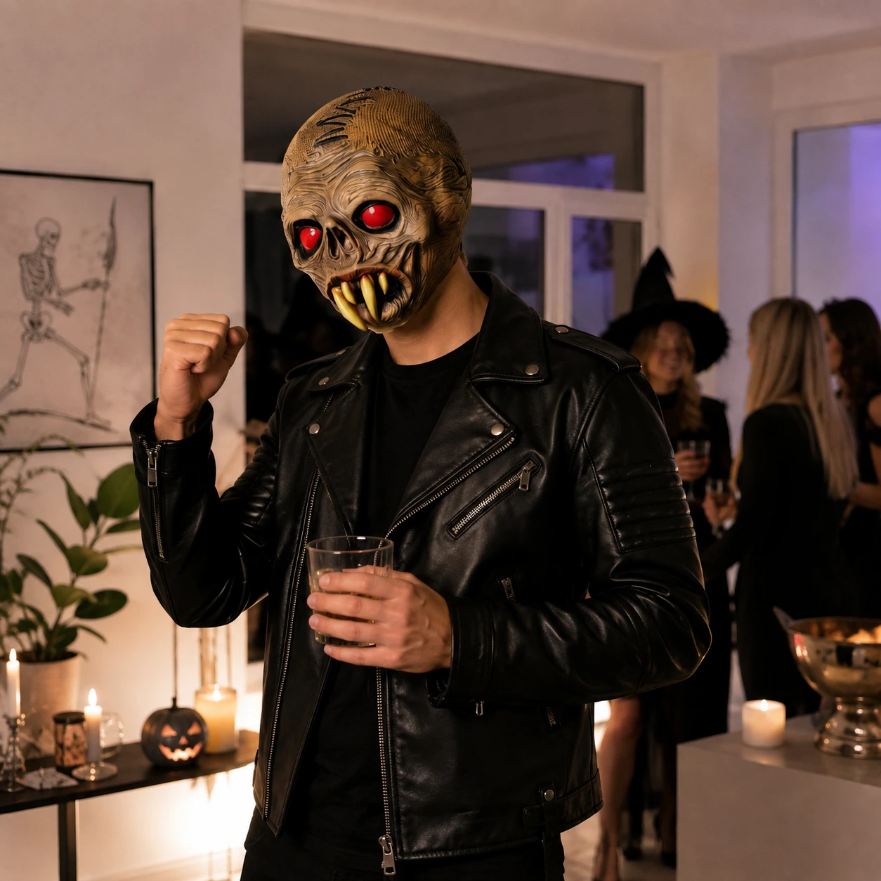 Zombiemask för halloween med röda ögon och huggtänder