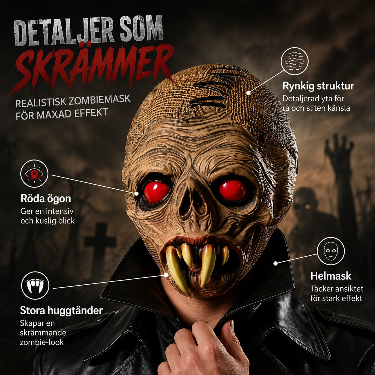 Zombiemask för halloween med röda ögon och huggtänder