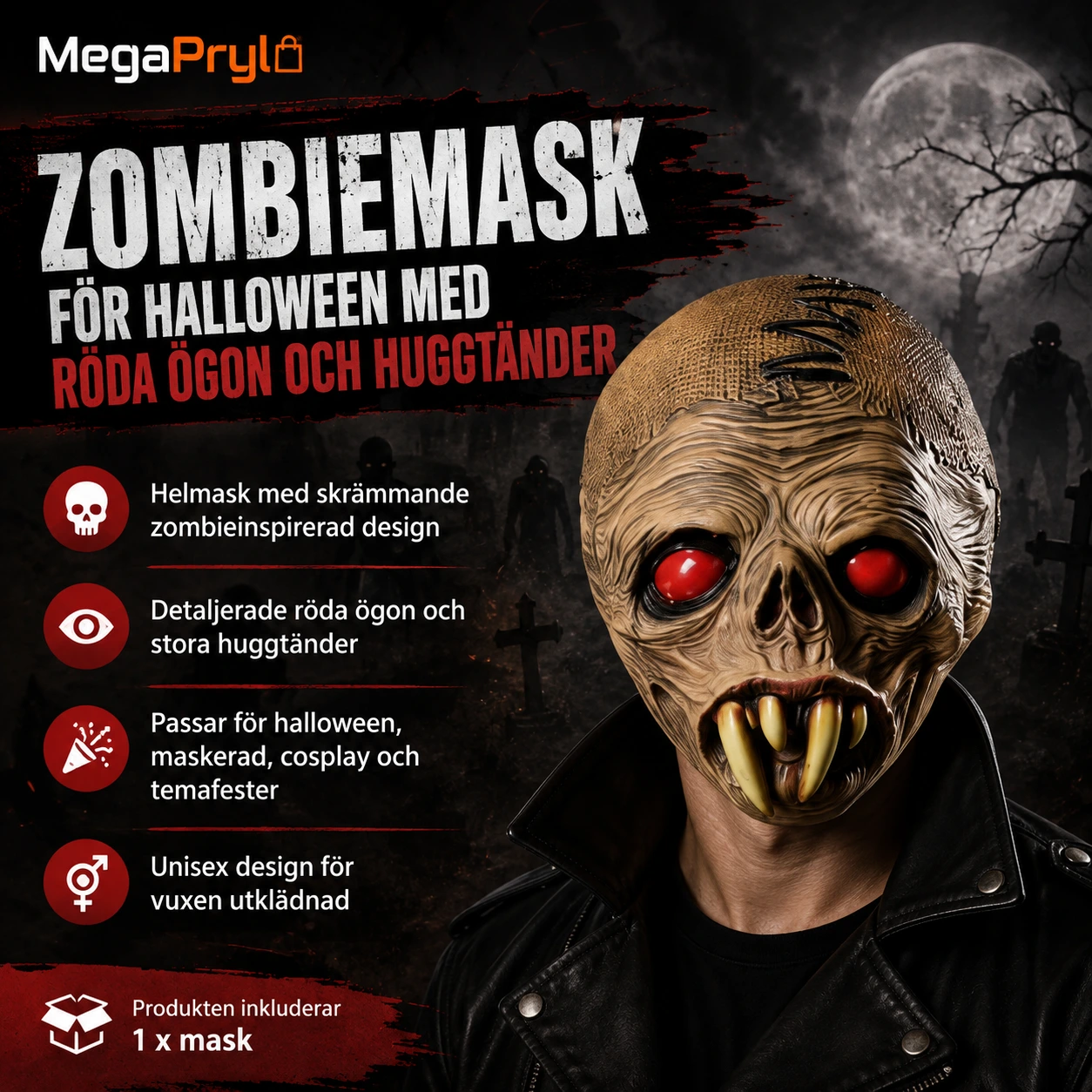 Zombiemask för halloween med röda ögon och huggtänder