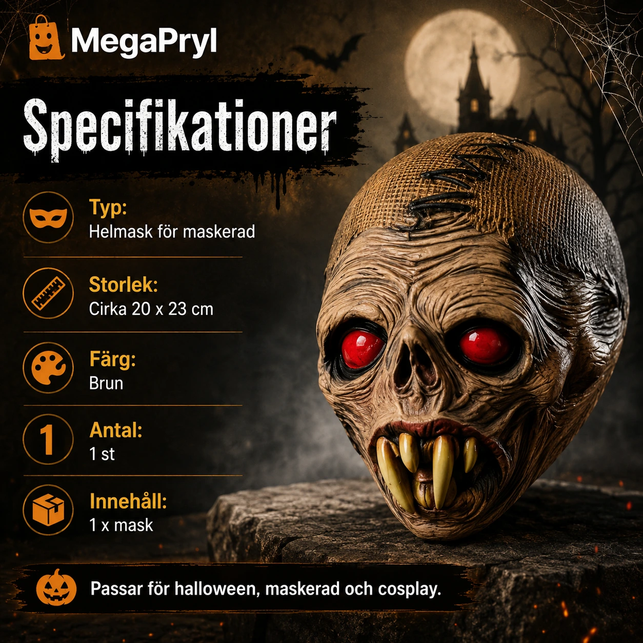 Zombiemask för halloween med röda ögon och huggtänder
