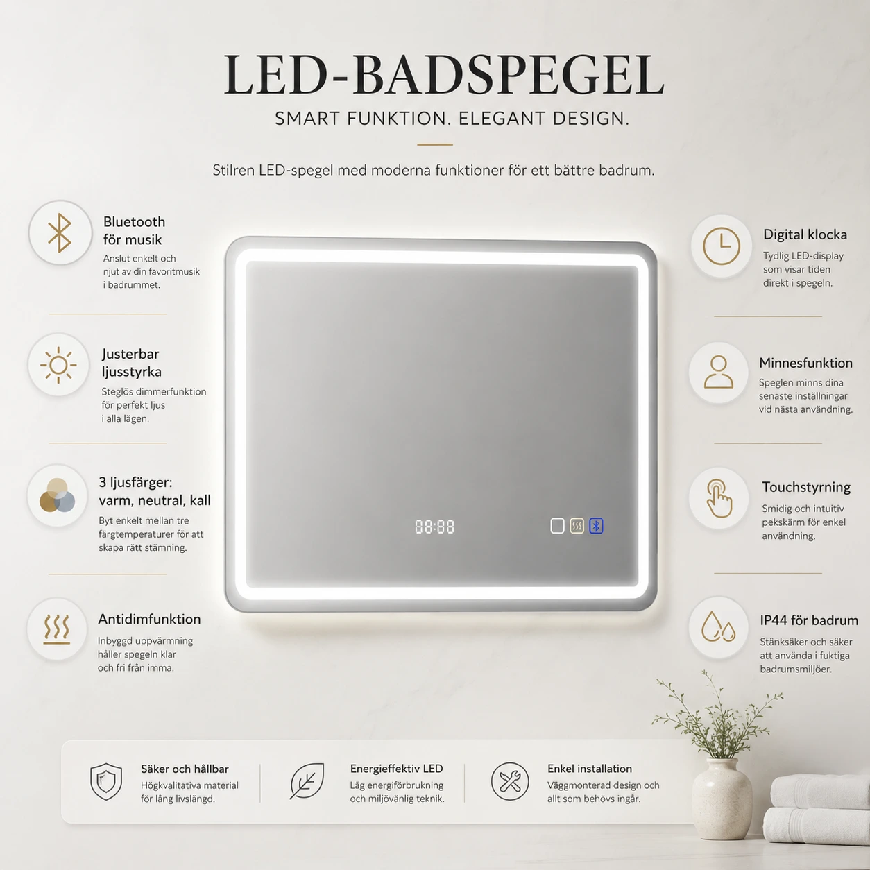 Badrumsspegel med LED och bluetooth