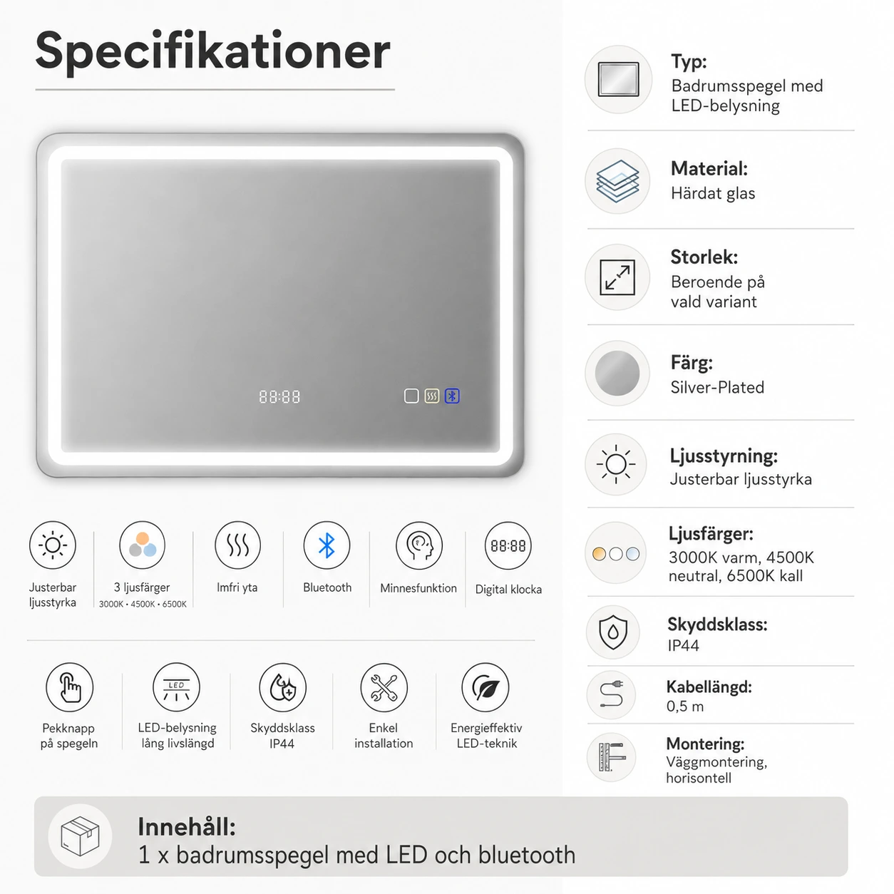 Badrumsspegel med LED och bluetooth