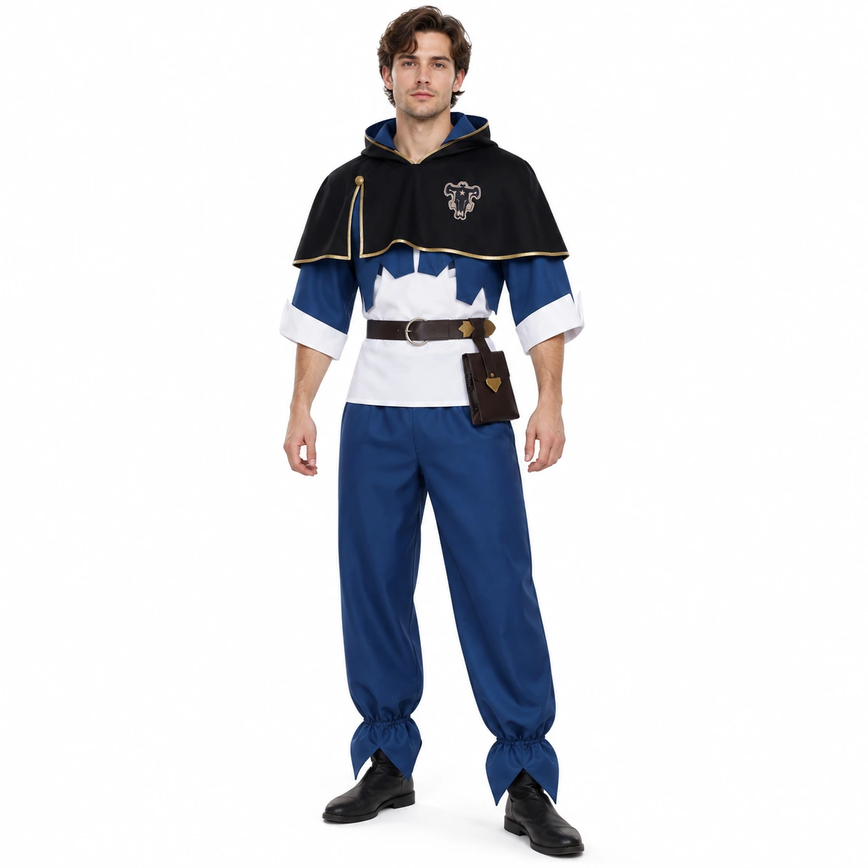 Mörkblå och Svart Anime Riddare Dräkt med Mantel, Bälte och Byxor
