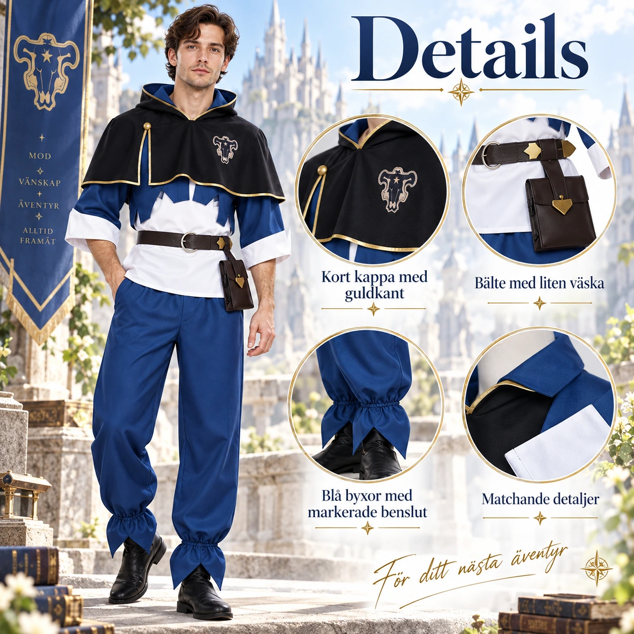 Mörkblå och Svart Anime Riddare Dräkt med Mantel, Bälte och Byxor
