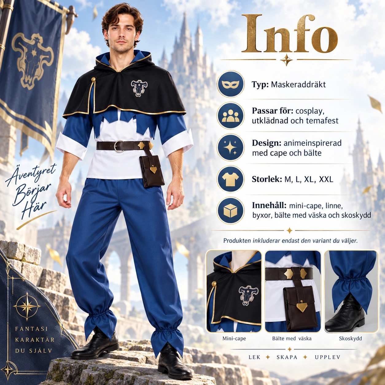 Mörkblå och Svart Anime Riddare Dräkt med Mantel, Bälte och Byxor