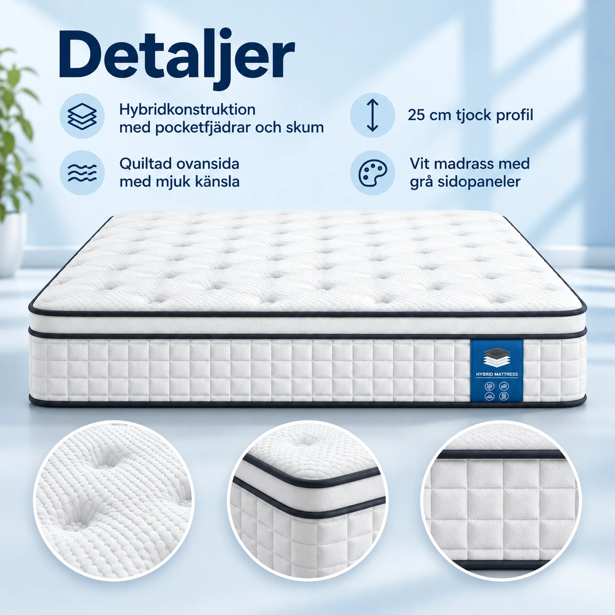 Hybridmadrass för säng, 25 cm tjock