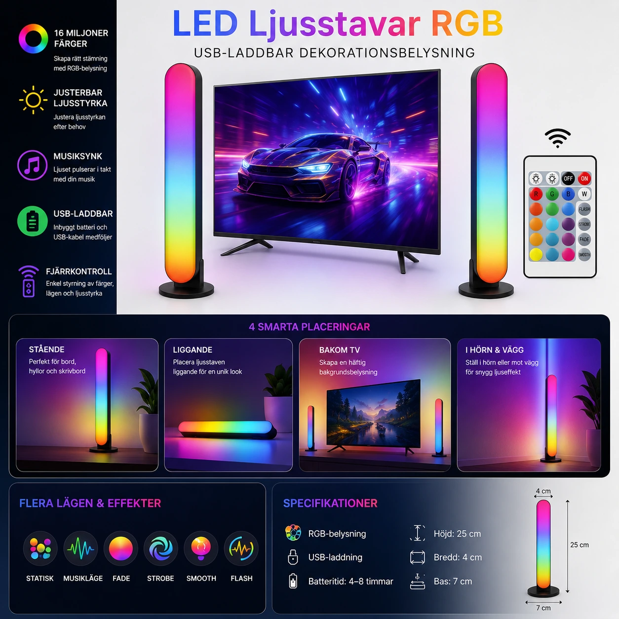 LED Ljusstavar RGB – USB-Laddbar Dekorationsbelysning