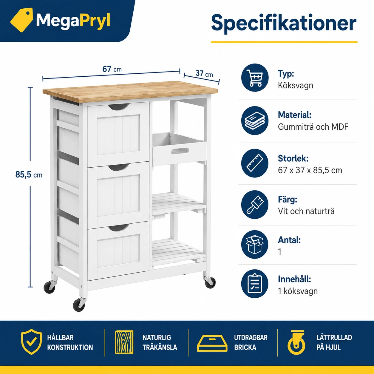 Köksvagn med 3 lådor och avtagbar bricka 67x37x85,5 cm