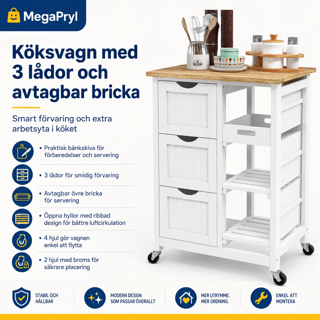 Köksvagn med 3 lådor och avtagbar bricka 67x37x85,5 cm