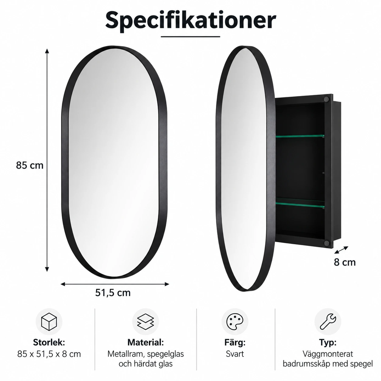 Badrumsskåp med spegel för väggmontering, oval svart