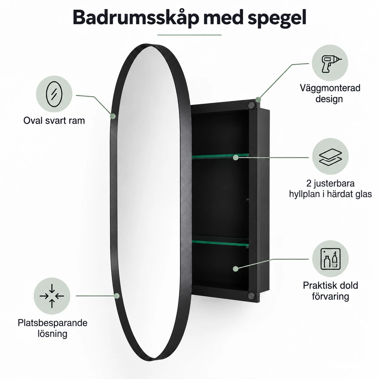Badrumsskåp med spegel för väggmontering, oval svart