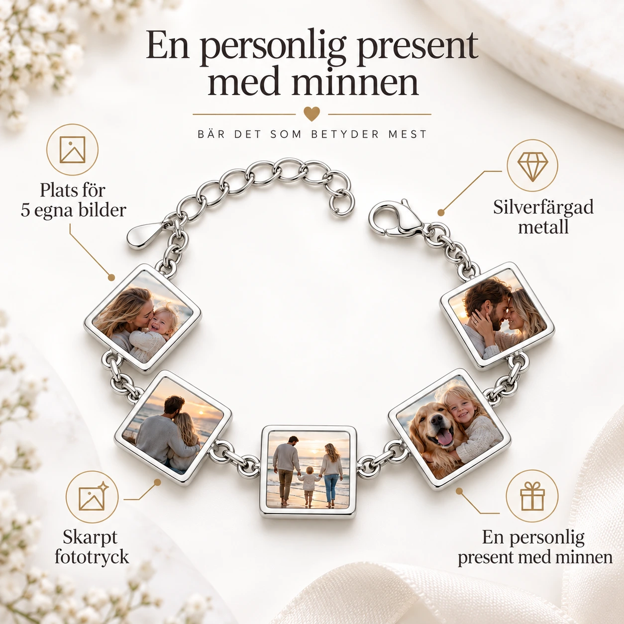Personligt fotoarmband med 5 bildberlocker