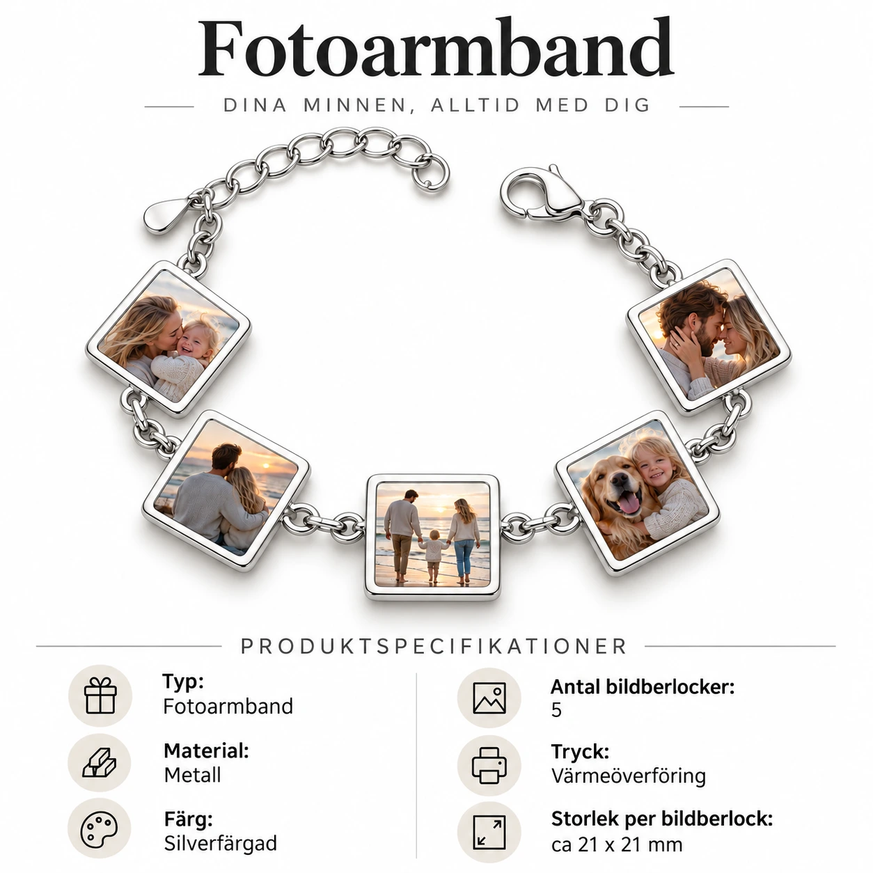 Personligt fotoarmband med 5 bildberlocker