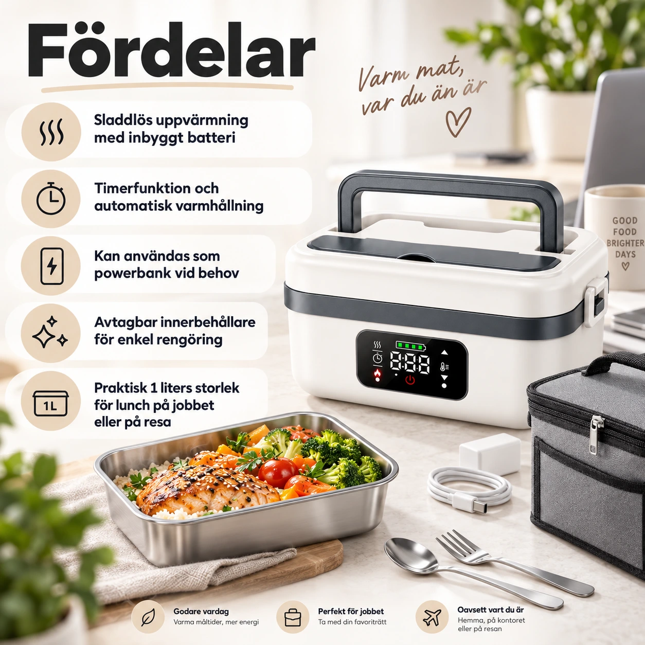 Sladdlös elektrisk matlåda med värme och timer