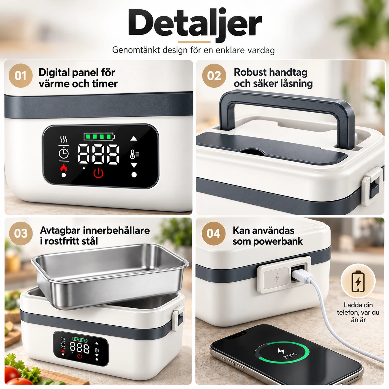 Sladdlös elektrisk matlåda med värme och timer