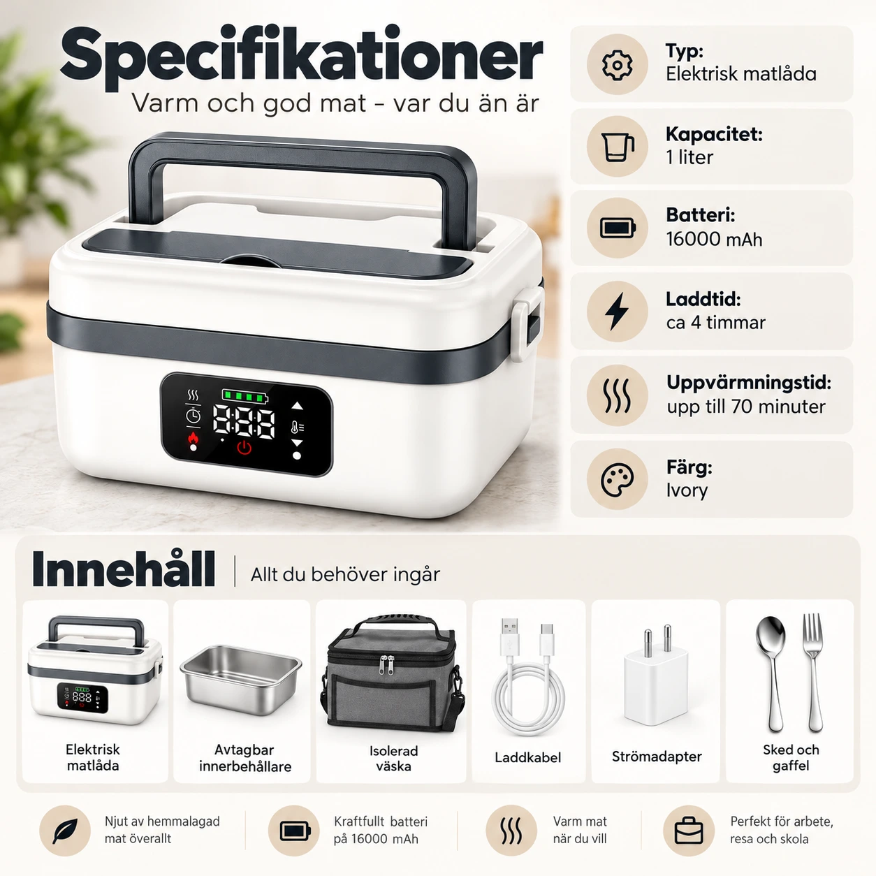 Sladdlös elektrisk matlåda med värme och timer