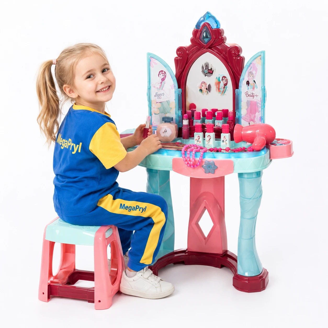 Sminkbord för barn med pall, spegel, ljus och musik