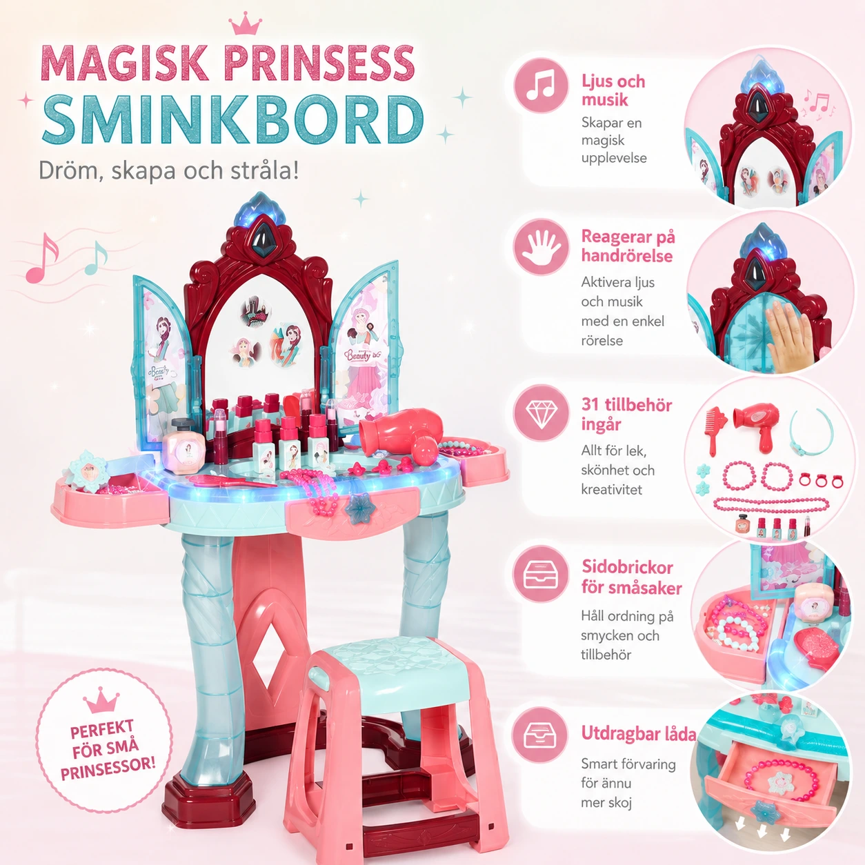 Sminkbord för barn med pall, spegel, ljus och musik