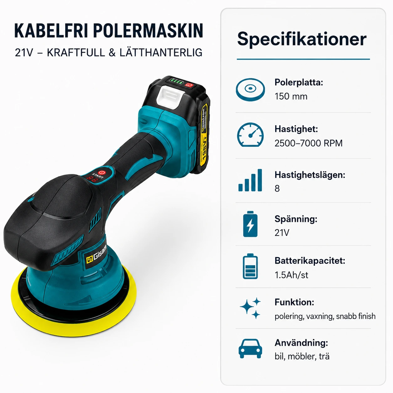 Polermaskin Batteridriven 150 mm – För Bil & Möbel