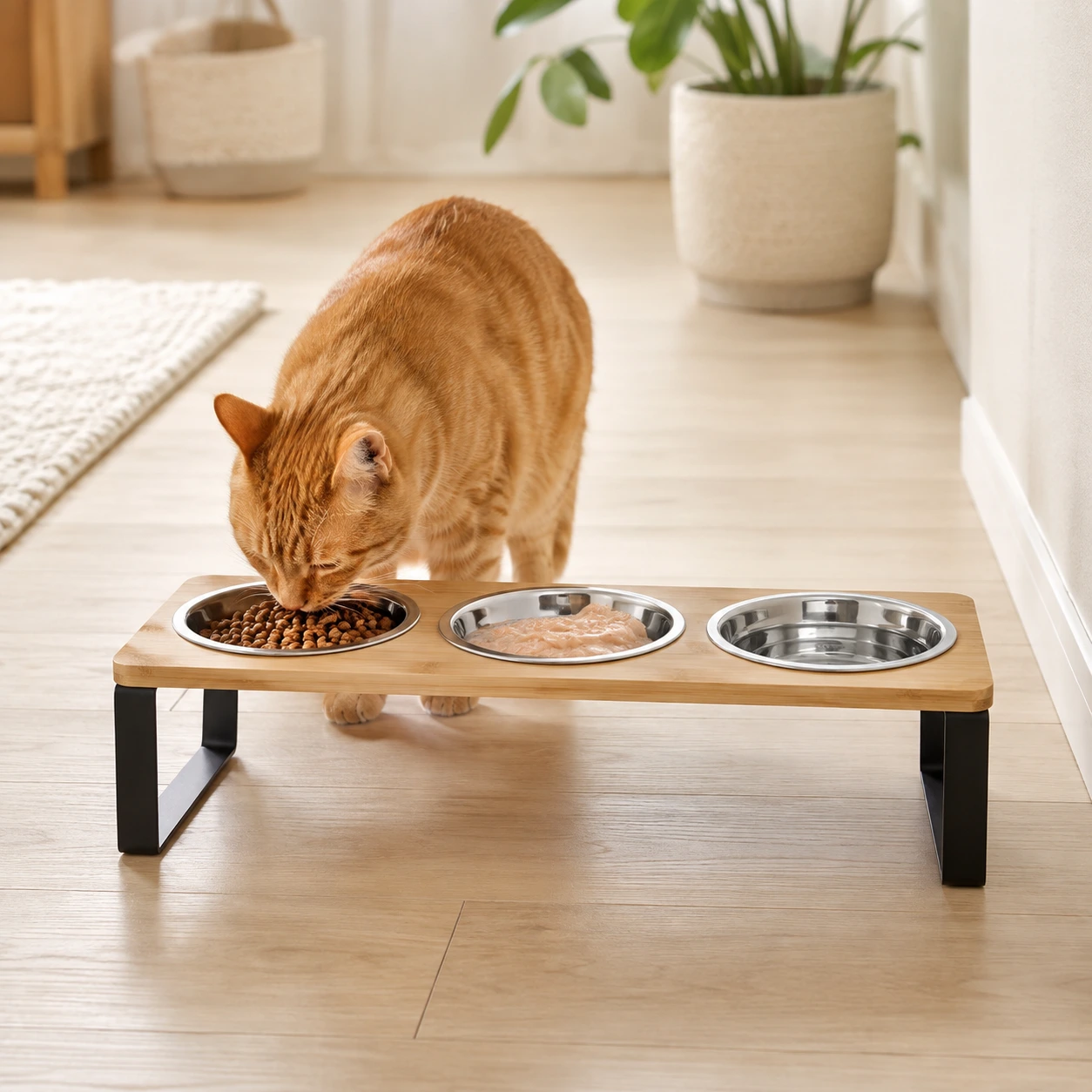 Upphöjd kattmatskål med tre skålar