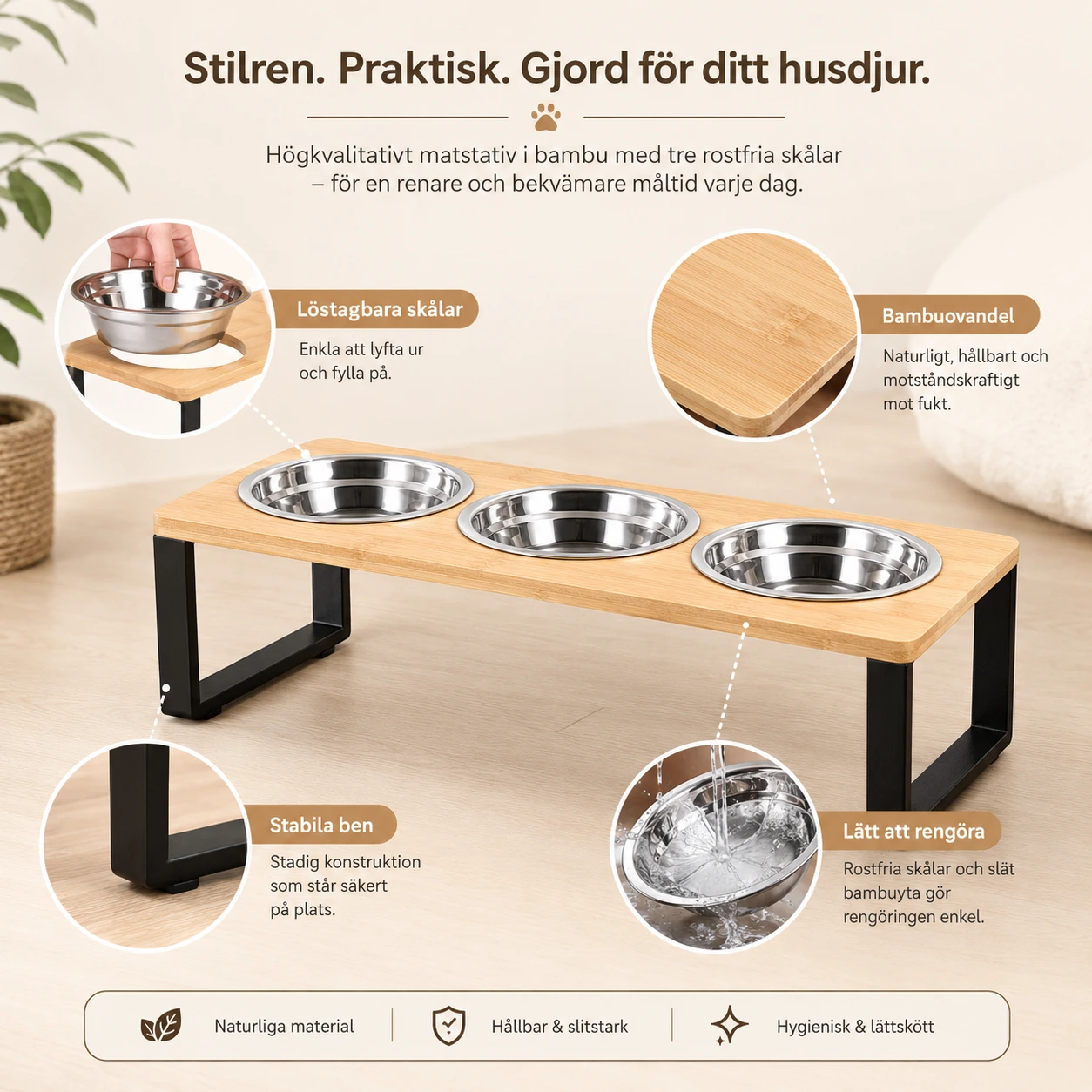 Upphöjd kattmatskål med tre skålar