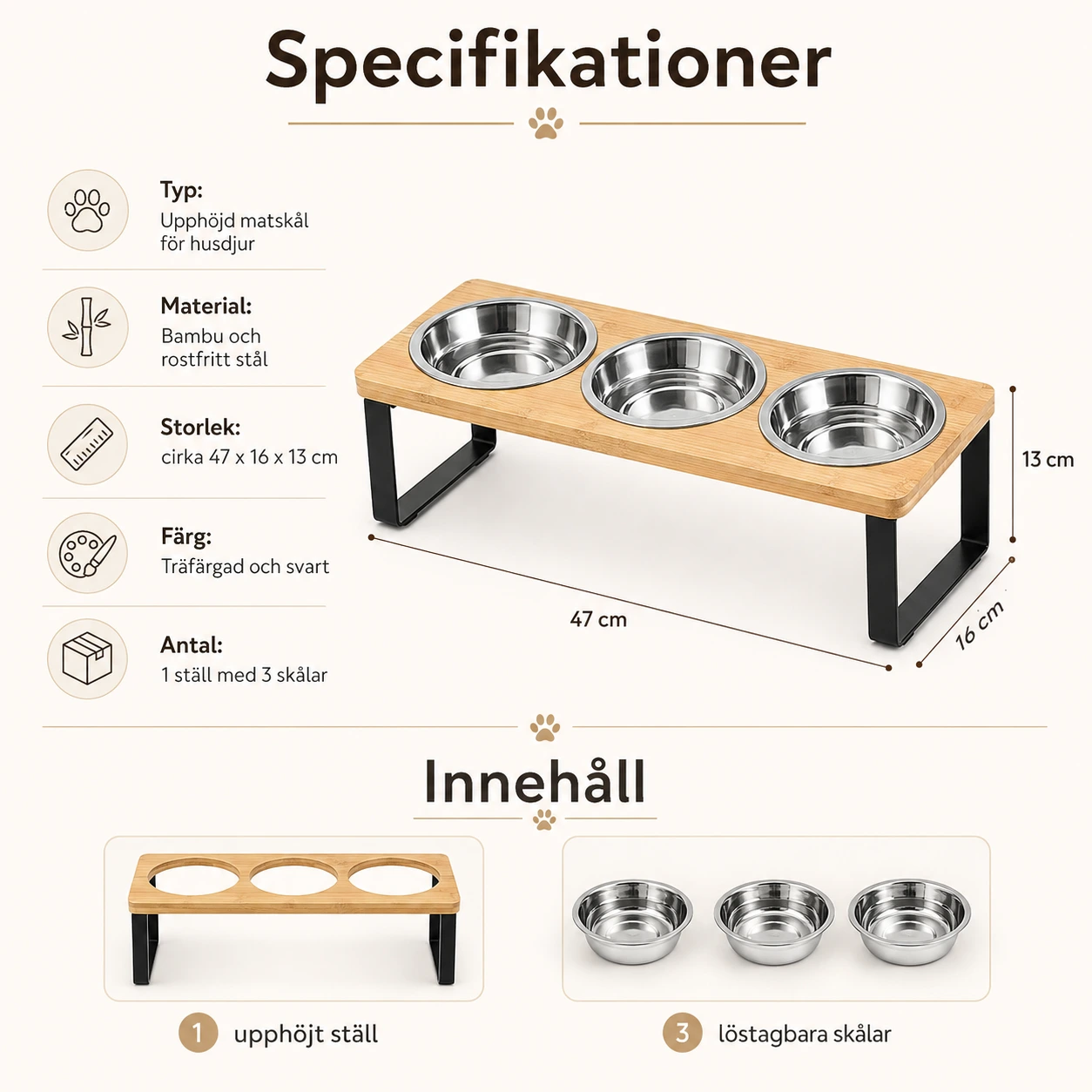 Upphöjd kattmatskål med tre skålar