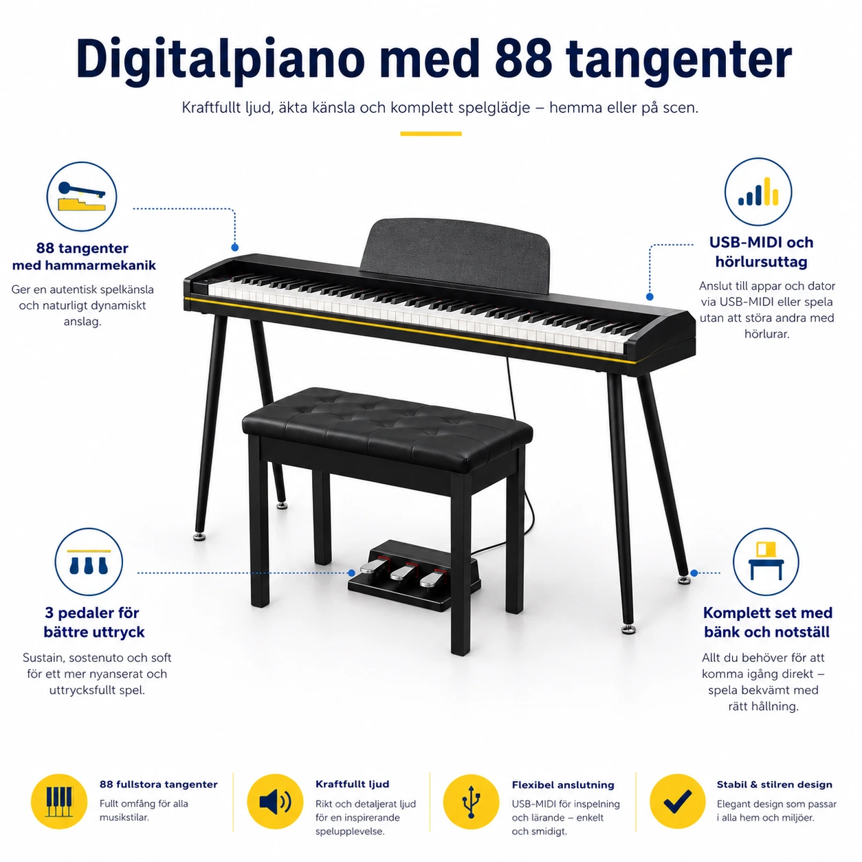 Digitalpiano med 88 tangenter och 3 pedaler