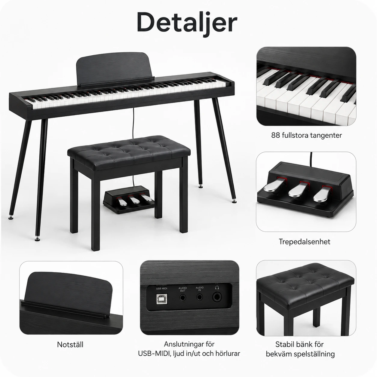 Digitalpiano med 88 tangenter och 3 pedaler