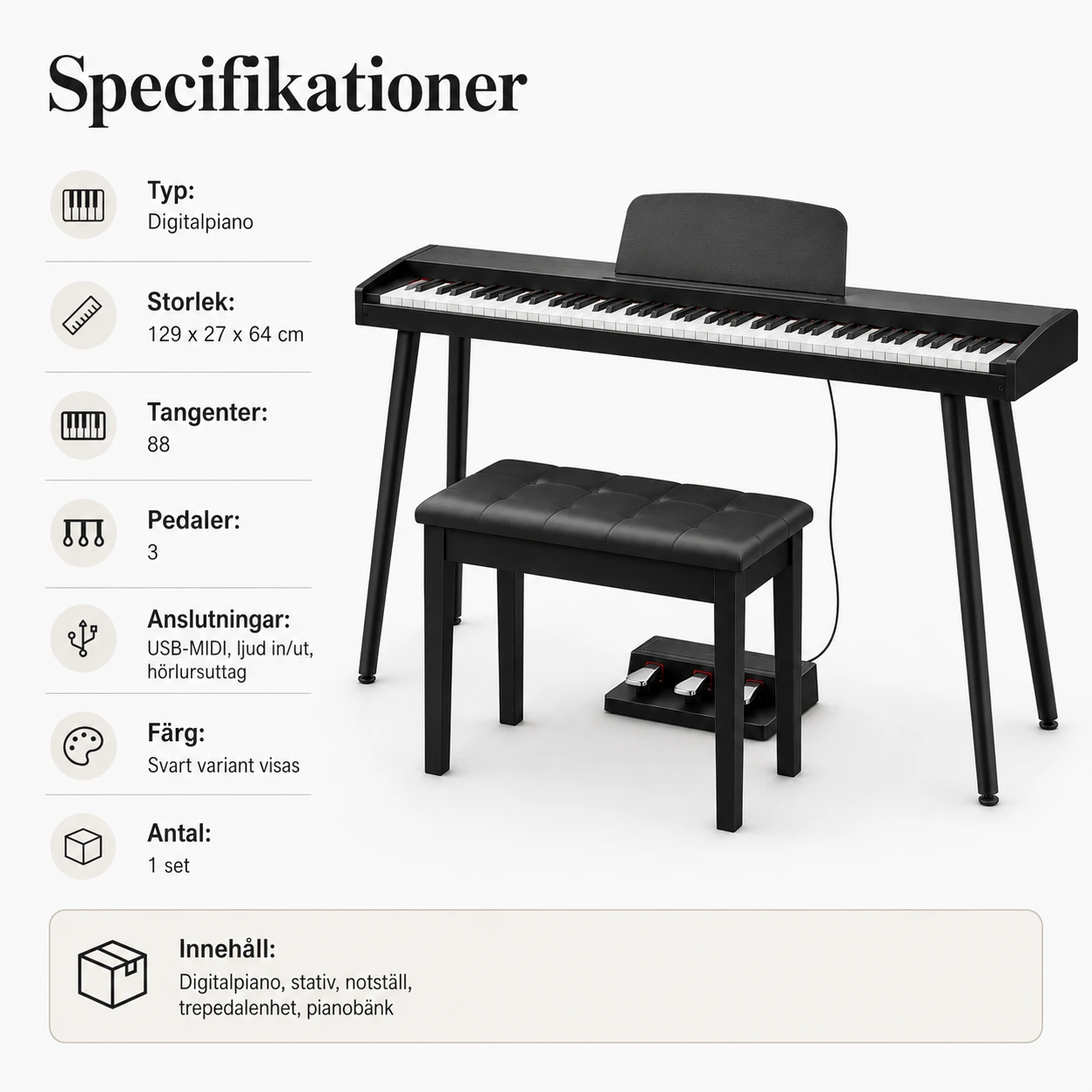 Digitalpiano med 88 tangenter och 3 pedaler