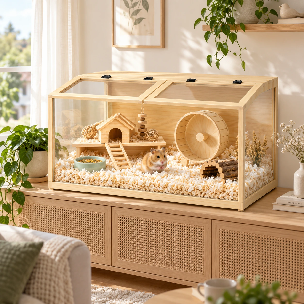Hamsterbur i trä med härdat glas och öppningsbar topp