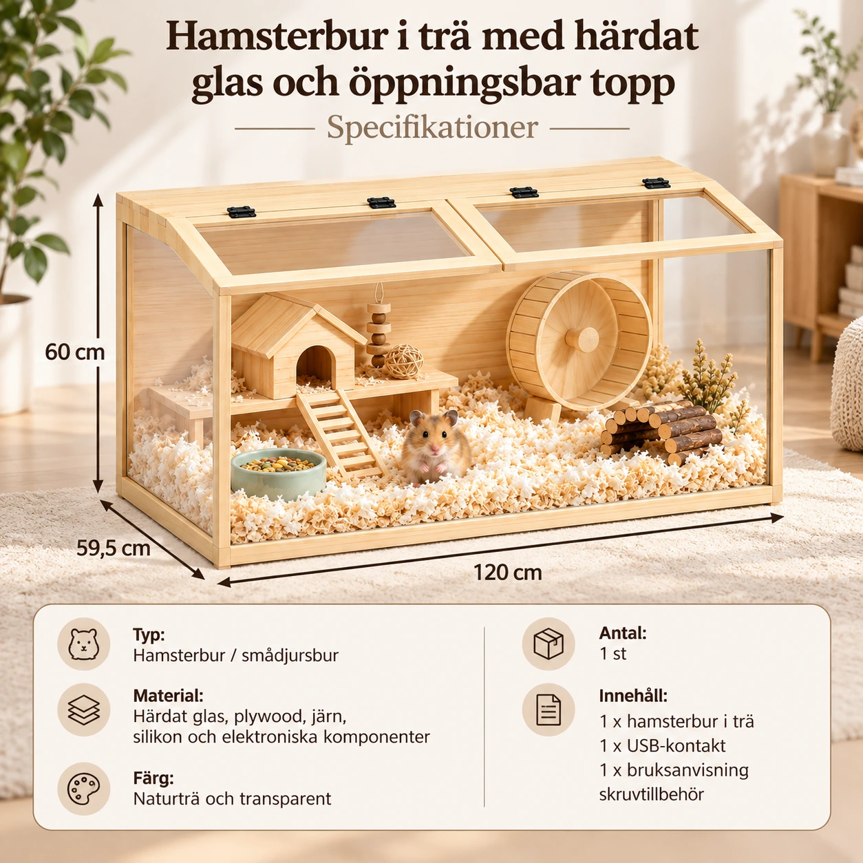 Hamsterbur i trä med härdat glas och öppningsbar topp