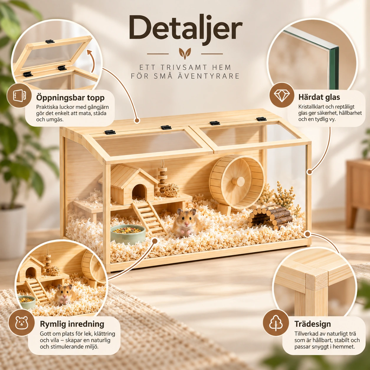 Hamsterbur i trä med härdat glas och öppningsbar topp