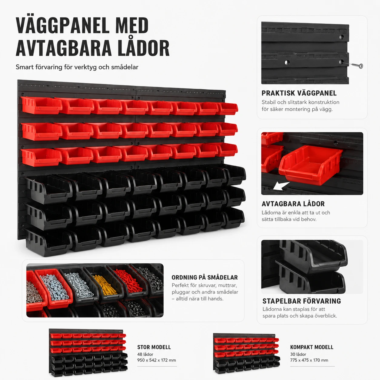 Väggmonterad förvaringspanel med förvaringslådor