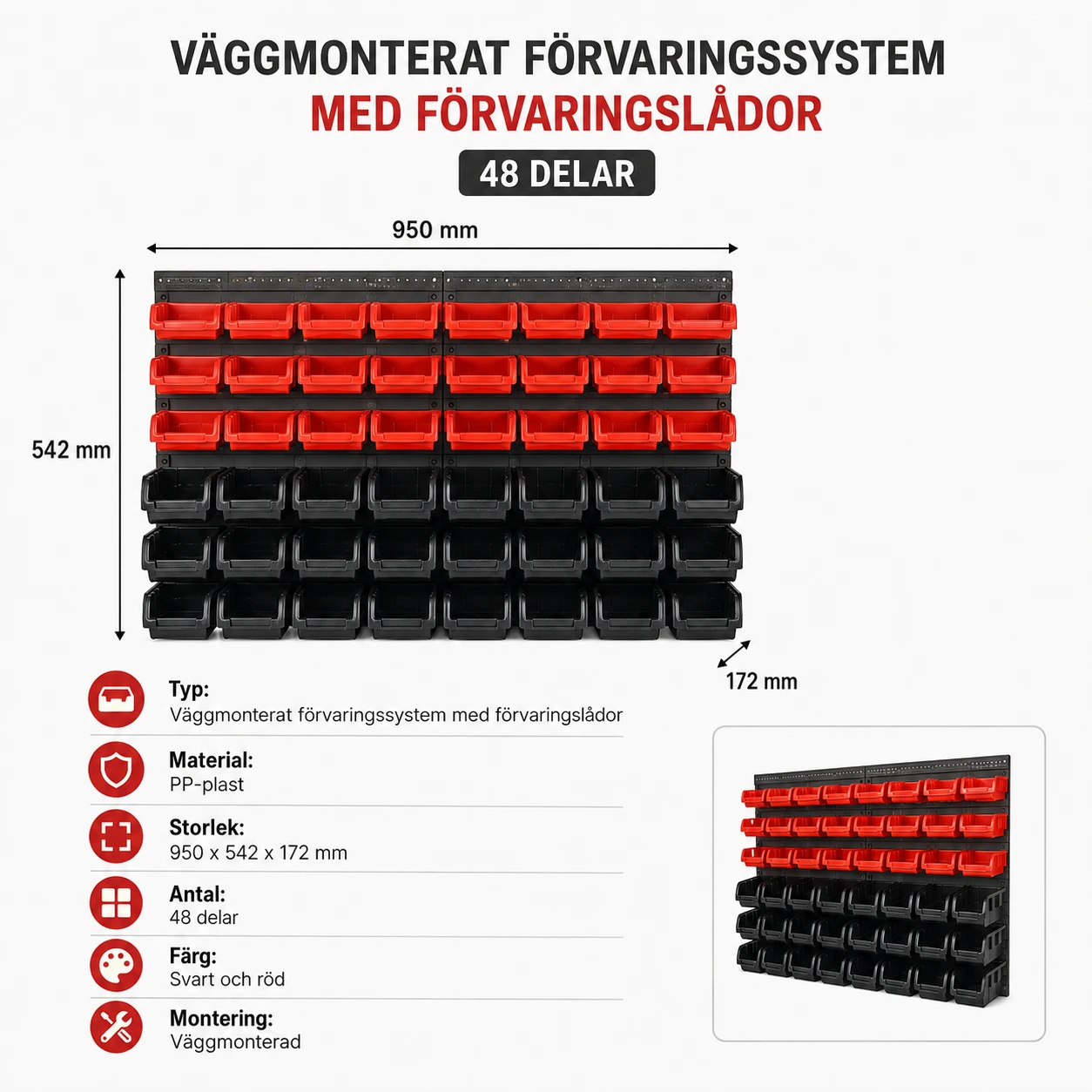 Väggmonterad förvaringspanel med förvaringslådor