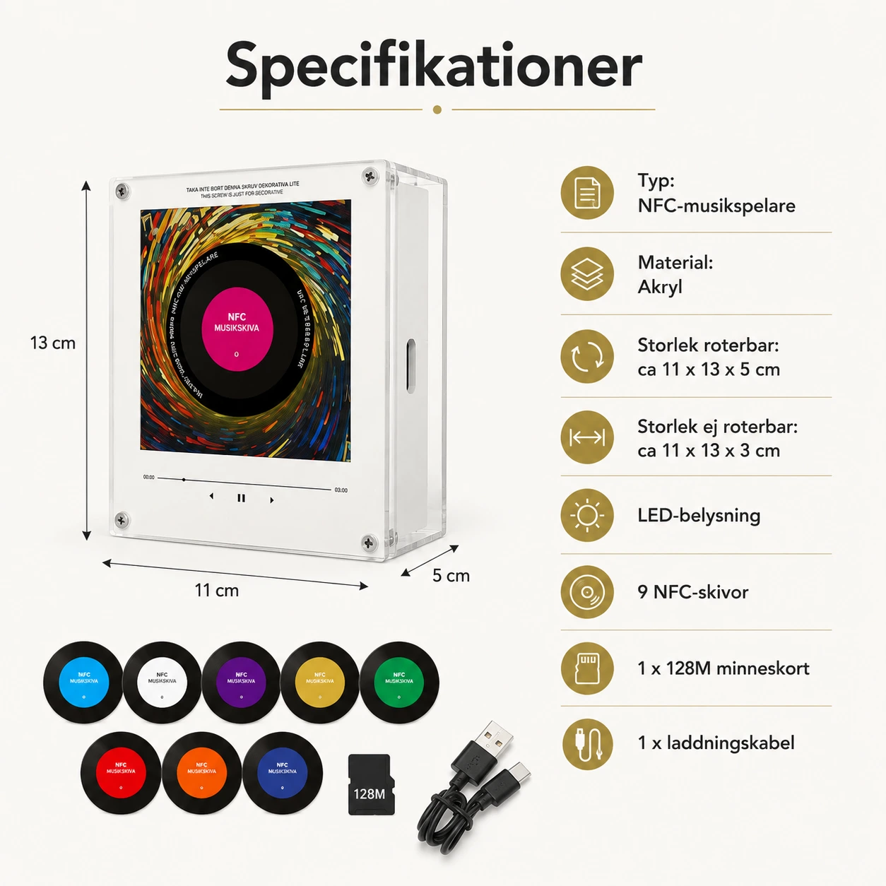 NFC-musikspelare i akryl med LED och 9 NFC-skivor