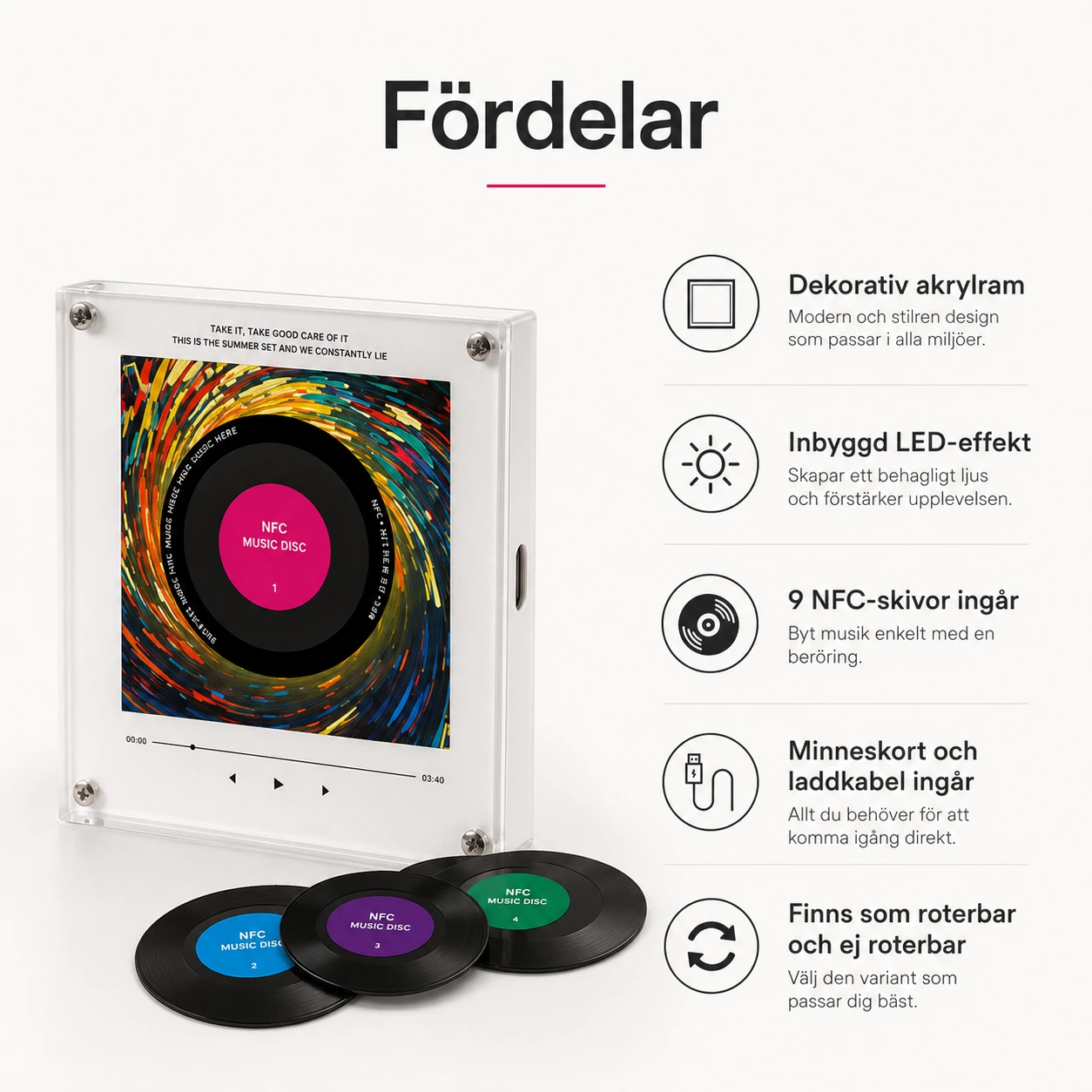 NFC-musikspelare i akryl med LED och 9 NFC-skivor