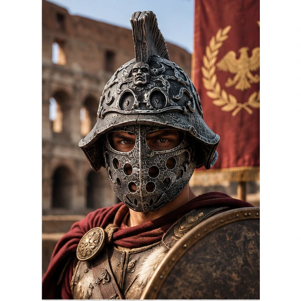 Antik Gladiatorsilverhjälm med Kam och Ansiktsskydd