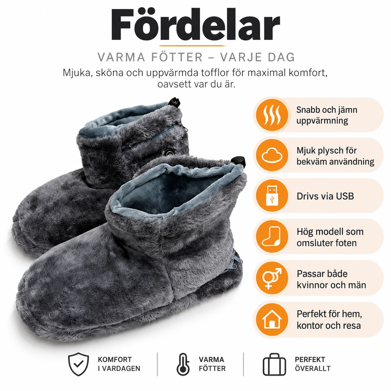 USB-uppvärmda tofflor i plysch, one size