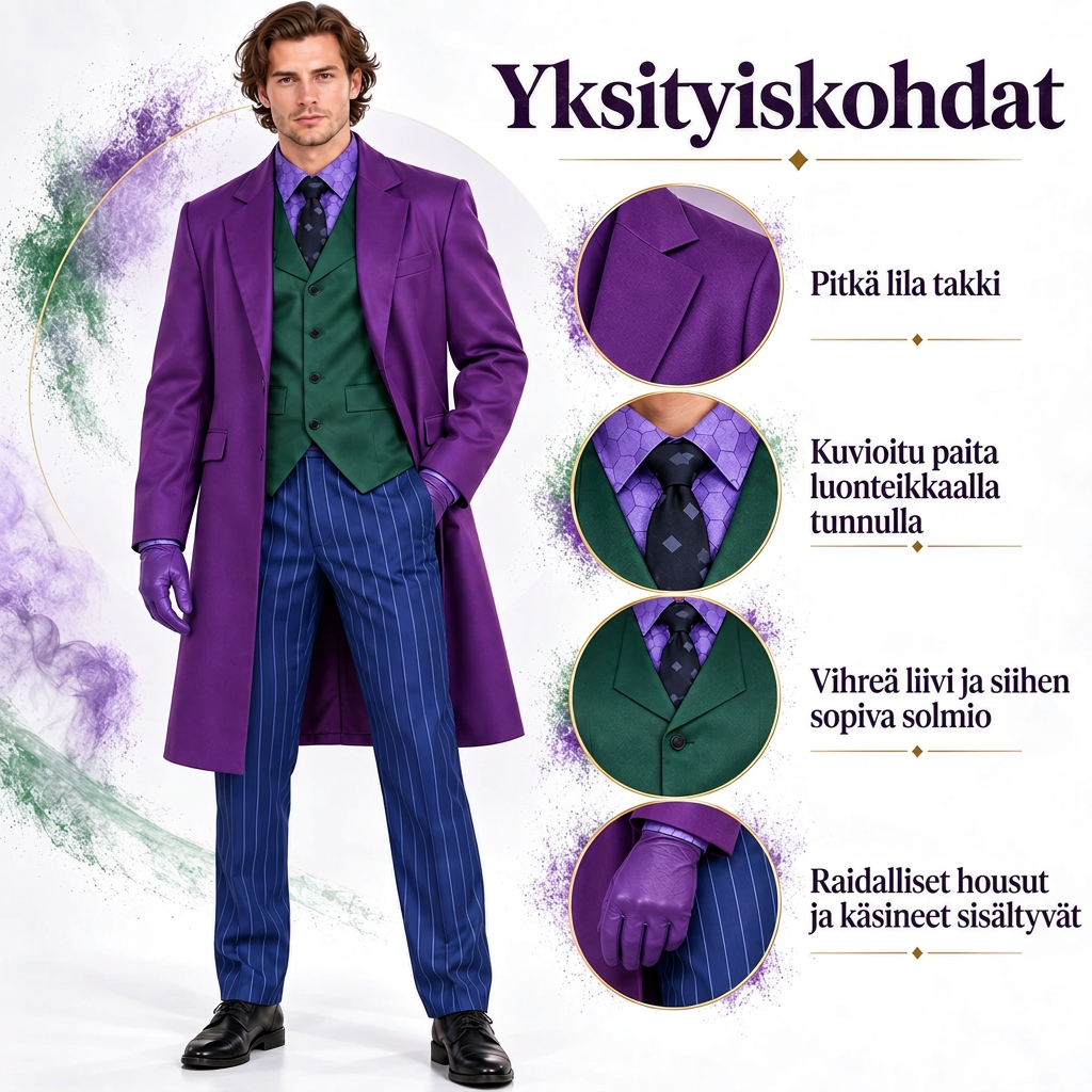 Liila ja vihreä konna-naamiaisasu, 6-osainen setti