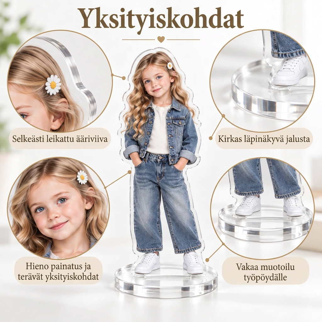 Personoitu akryyliteline omalla kuvalla työpöydälle
