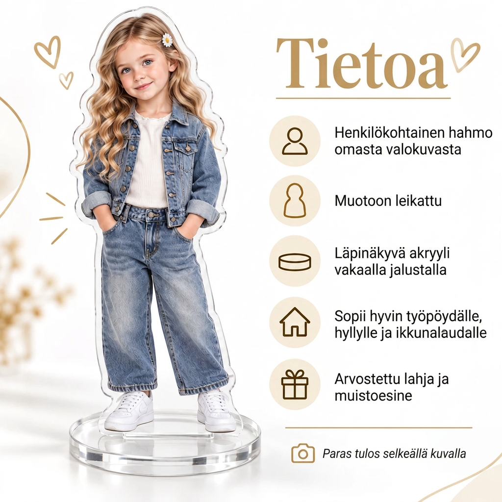 Personoitu akryyliteline omalla kuvalla työpöydälle