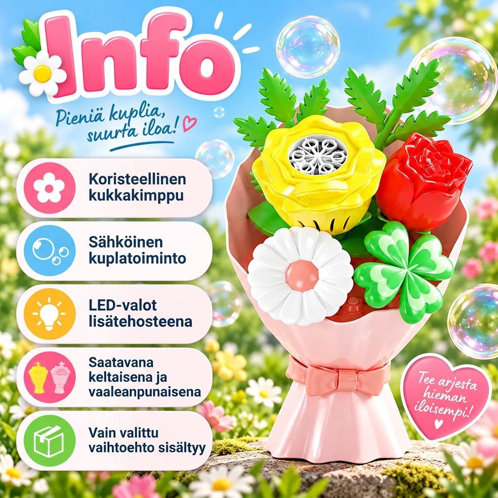 Värikäs kukkakimppu-saippuakuplakone USB-latauksella