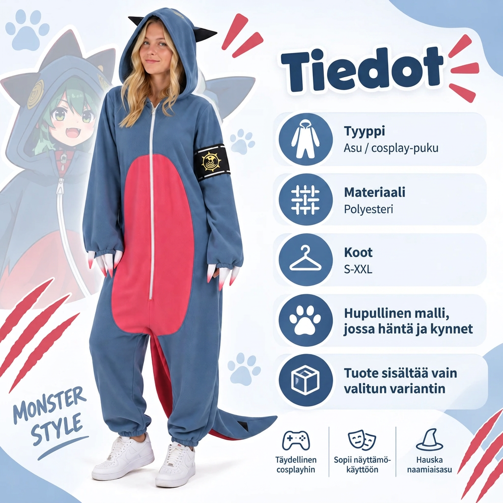 Sininen anime-hirviö kokovartaloasu hupulla